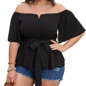 Women Plus Size Off The Shoulder Peplum Blouse Top Half Bell Sleeve Tie Waist Ruffle Hem Babydoll Tops