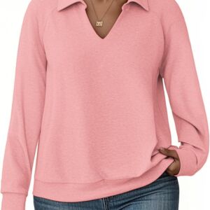 Women Plus-Size Sweatshirts Casual Collared V Neck Polo Tops Long Sleeve Pullover Tunics Loose Lightweight Blouses