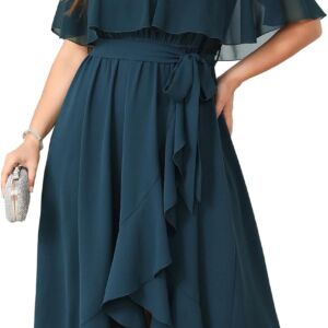 Women Plus Size Long Formal Dress Short Sleeve Chiffon Ruffle V Neck High Low Split Wedding Guest Maxi Dresses
