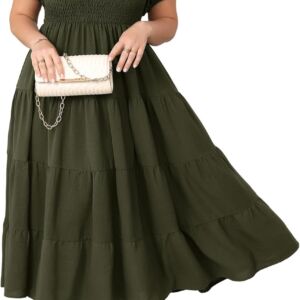 Women Plus Size Casual Dress Short Puff Sleeve Square Neck Smocked Tiered Summer A Line Flowy Long Maxi Dresses
