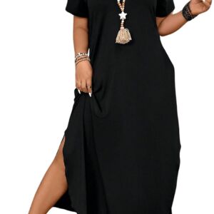 Women Plus Size Cold Shoulder Short Sleeve Split Hem T Shirt Dress Summer Long Maxi Dresses