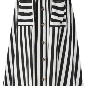 Women Plus Size Striped High Waist Button Decor Flare A Line Maxi Skirt with Pockets