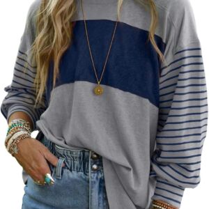 Long Sleeve Tops Oversized 2025 Trendy Round Crew Neck Casual Color Block Women Shirts Blouses