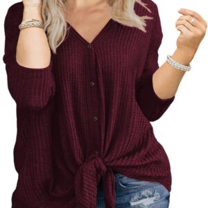 Women Plus Size Tops V Neck Tie Front Blouse Button Up Long Sleeve Waffle Knit Tunic T Shirts