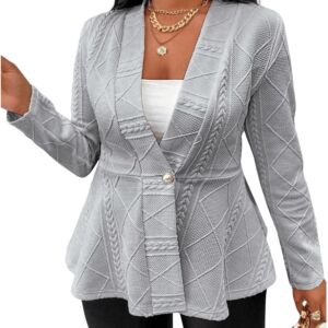 Women Plus Size Textured Button Down Blazer V Neck Ruffle Hem Jacket