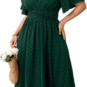 Women Plus Size Maxi Dress V Neck Short Sleeve Swiss Dot A Line High Waist Flowy Casual Summer Dresses 2025