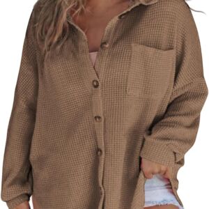 Women Plus Size Boyfriend Shirts Casual Long Sleeve Button Down Oversized Waffle Knit  Jacket(1X-5X)