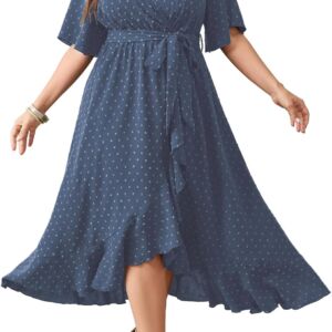 Women Plus Size Summer Dresses Short Sleeve Wrap V Neck Swiss Dot Boho High Low Split Ruffle Maxi Dress