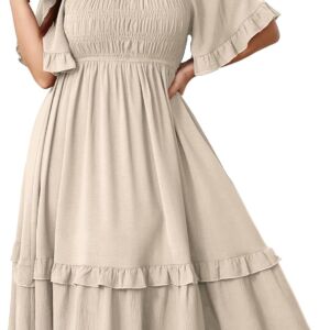 Women Plus Size Maxi Dresses Summer Short Sleeve Square Neck Smocked Wedding Guest Cocktail Boho Long Dress
