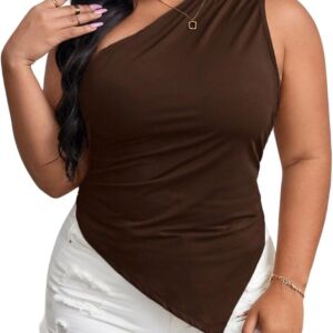 Women Plus Size One Shoulder Tank Top Sleeveless Asymmetrical Shirt Tops
