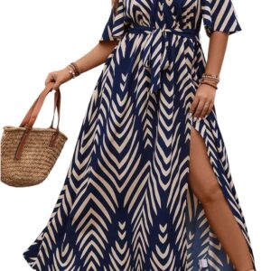 Women Plus Size Cold Shoulder Short Sleeve Split Thigh Long Dress