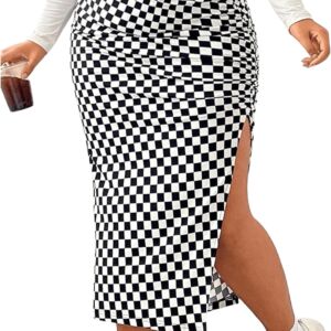 Women Plus Size Checkered Ruched Midi Skirt High Waist Split Thigh Pencil Skirts