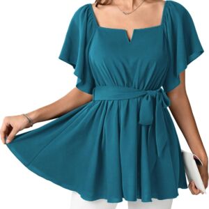 Women Plus Size Off The Shoulder Peplum Blouse Top Half Bell Sleeve Tie Waist Ruffle Hem Babydoll Tops