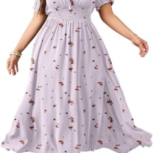 Women Plus Size Maxi Dress Short Sleeve Smocked Square Neck Tie Front Split A-Line Flowy Long Dresses