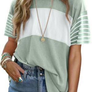 Summer Tops Trendy Oversized 2025 Crewneck Casual Color Block Striped Women Shirts Blouses