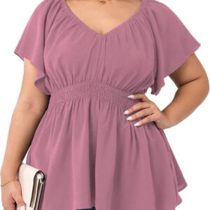 Women Plus Size Tops V Neck Short Sleeve Blouse Babydoll Ruffle Peplum Smocked Dressy Casual Summer Top