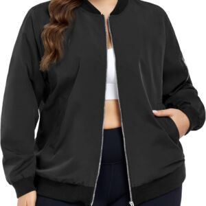 Women Plus Size Bomber Jacket Zip Up Lightweight Coat Casual Cropped Windbreaker Outwear with Pockets