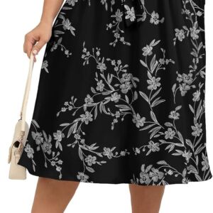 Women Plus Size Midi Skirts Summer Elastic High Waisted Boho Casual Beach Flowy Swing Knee Length Skirts with Pockets