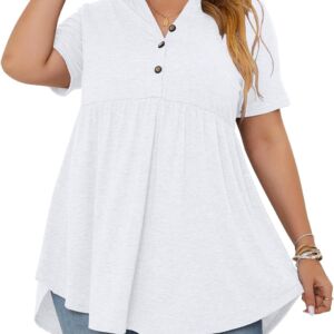 Women Plus Size Tops Short Sleeve Henley V Neck Button Up Flowy T Shirts Tunic Loose Blouses