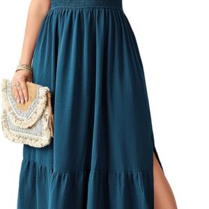 Plus Size Summer Boho Dresses Spaghetti Strap Sleeveless Casual Sundress Smocked Flowy Slit Beach Maxi Dress