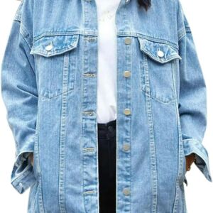 Women Oversized Mid Long Denim Jacket Jean Biker Coat