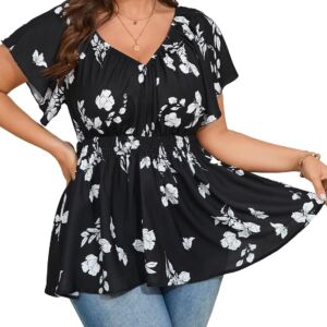 Women Plus Size Tops V Neck Short Sleeve Blouse Babydoll Ruffle Peplum Smocked Dressy Casual Summer Top