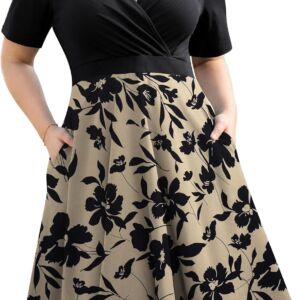 Women Plus Size Dresses Short Sleeve Faux Wrap Causal Swing Dress with Pockets, L-4XL