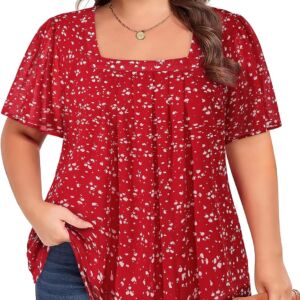 Plus Size Chiffon Tops for Women Short Sleeve Square Neck Summer Dressy Blouses Loose Tunic