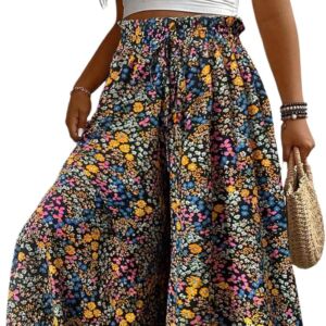 Women Plus Size Floral Baggy Pants Boho Drawstring Wide Leg Flowy Vacation Palazzo Pants