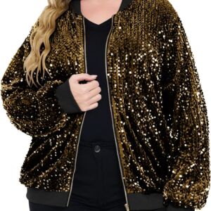 Women Sequin Jacket Plus Size Sparkle Long Sleeve Jackets Front Zip Loose Casual Blazer Bomber Jacket with Pockets