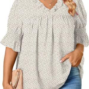 Women Plus Size Floral Print Blouses V Neck Ruffle Flowy Short Sleeve Shirts Babydoll Casual Tunic Tops(1X-5X)