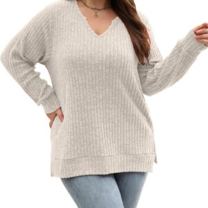Women Casual Long Sleeve V Neck Lightweight Knitted Sweaters Loose Fit Plus Size Tunic Tops L-4XL