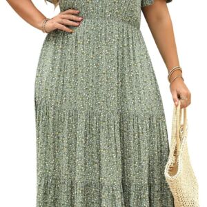 Plus Size Maxi Dresses for Curvy Women Summer Casual Boho Ditsy Floral Print Layered Flared Long Dress with Pocket