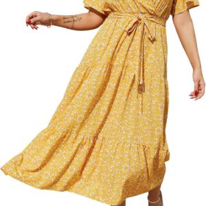 Women Plus Size V Neck Wrap Maxi Dress Short Sleeves High Waist Ruffle Summer Casual Dress with Belt