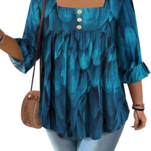 Women Plus Size Tops 3/4 Sleeves Square Neck Women Blouses Casual Loose Fit Tunic Tops with Leggings XL-5XL