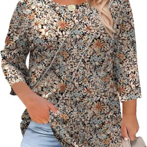 Women Plus Size Tops 3/4 Length Sleeve Women Tops Pleated Crewneck Fall Shirts Summer Blouses 2025 (1X-5X)